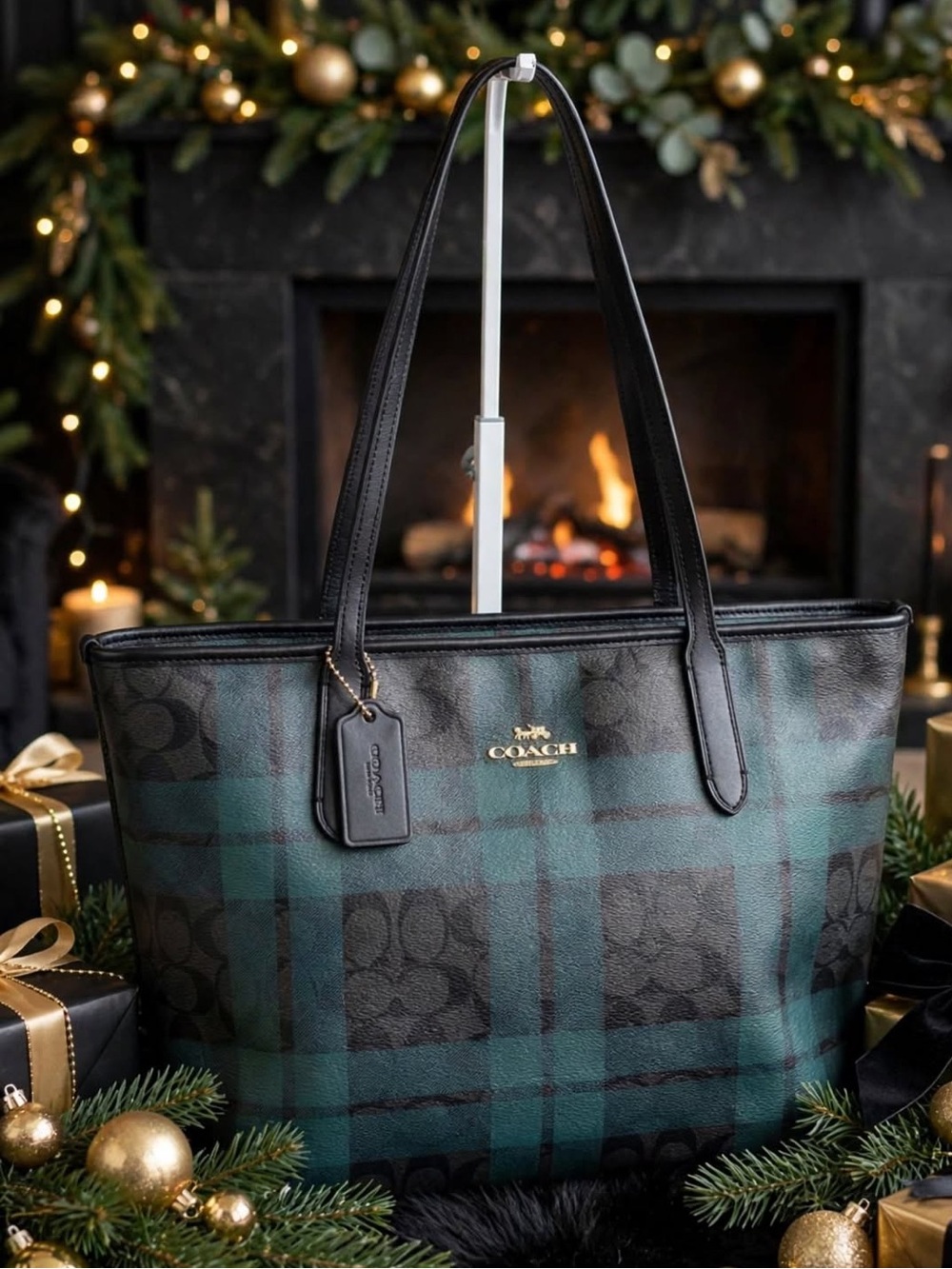 COACH Green and Black Plaid Signature Tote